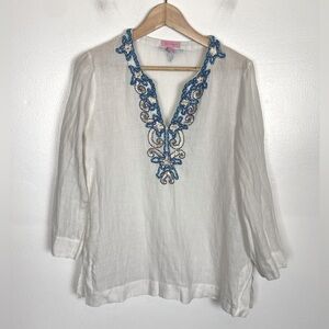 Lilly Pulitzer Boho Sequin Embroidered Neck Linen Top Size S White 3/4 Sleeve